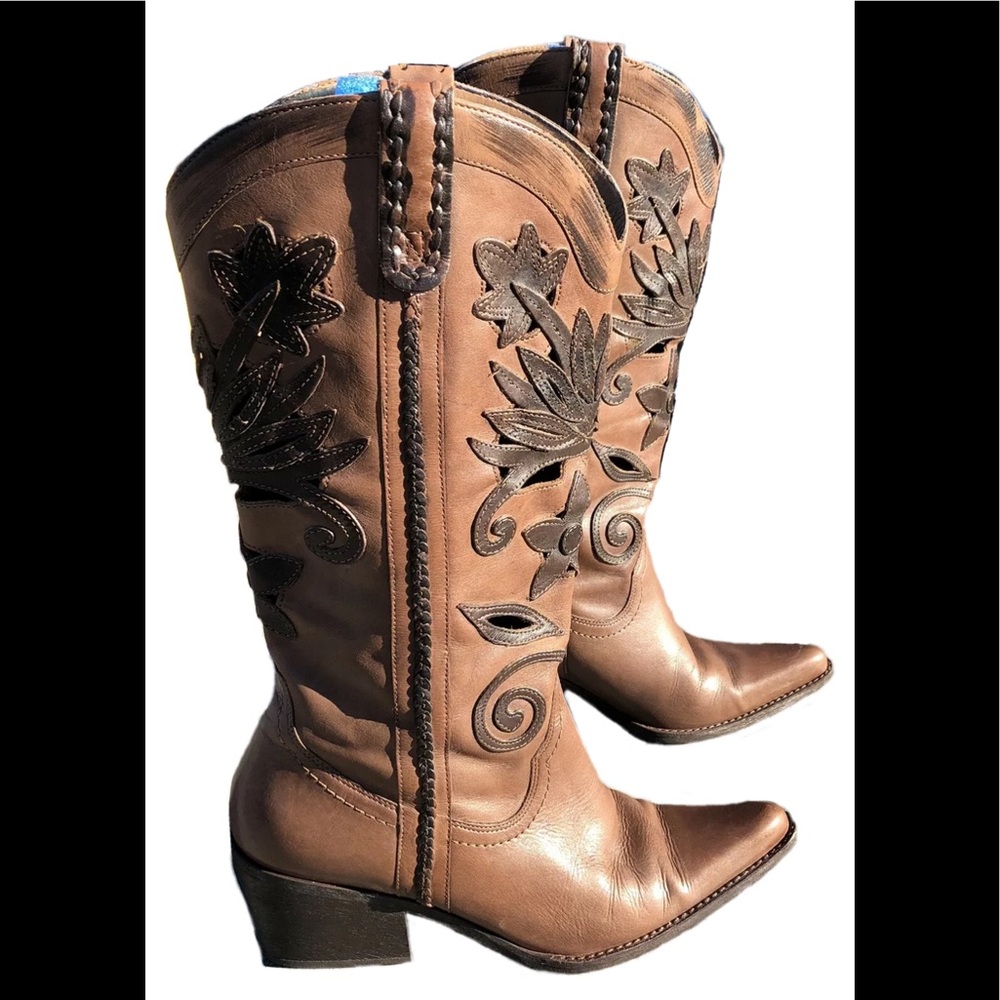 Slinger Brand TwoTone Brown Leather Laser Cut Out design Western Boots Size 7.5M
